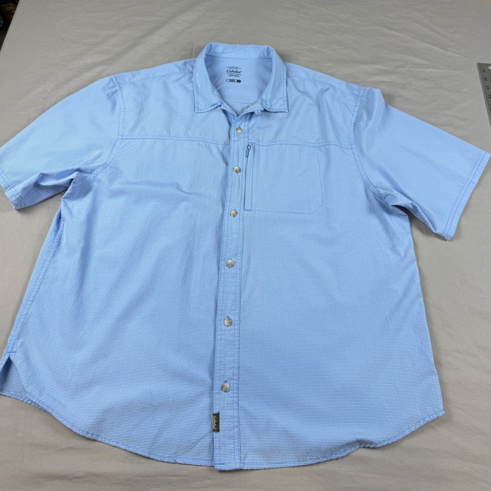 Cabelas Wick Advance Mens 2XL Blue Micro Check Short Sleeve Fishing Shirt M10SH5